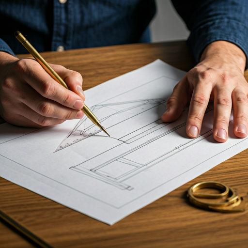 Artisan hands working on furniture blueprint